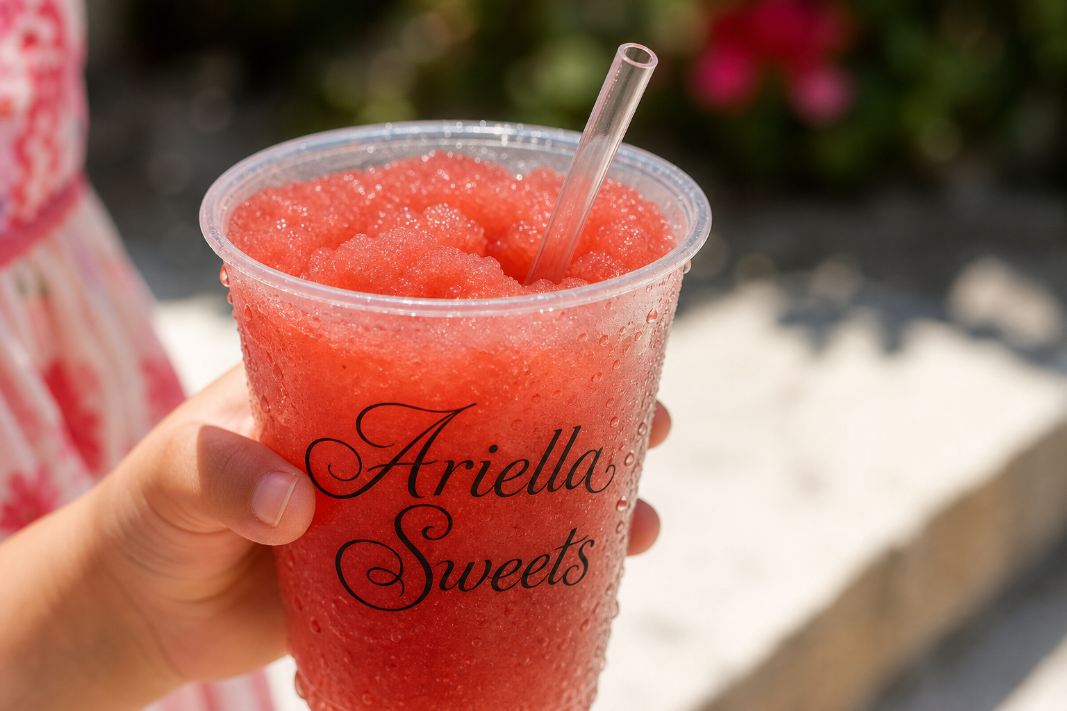 Child's hand holding a condensation-beaded strawberry slushie in a clear 9 oz cup