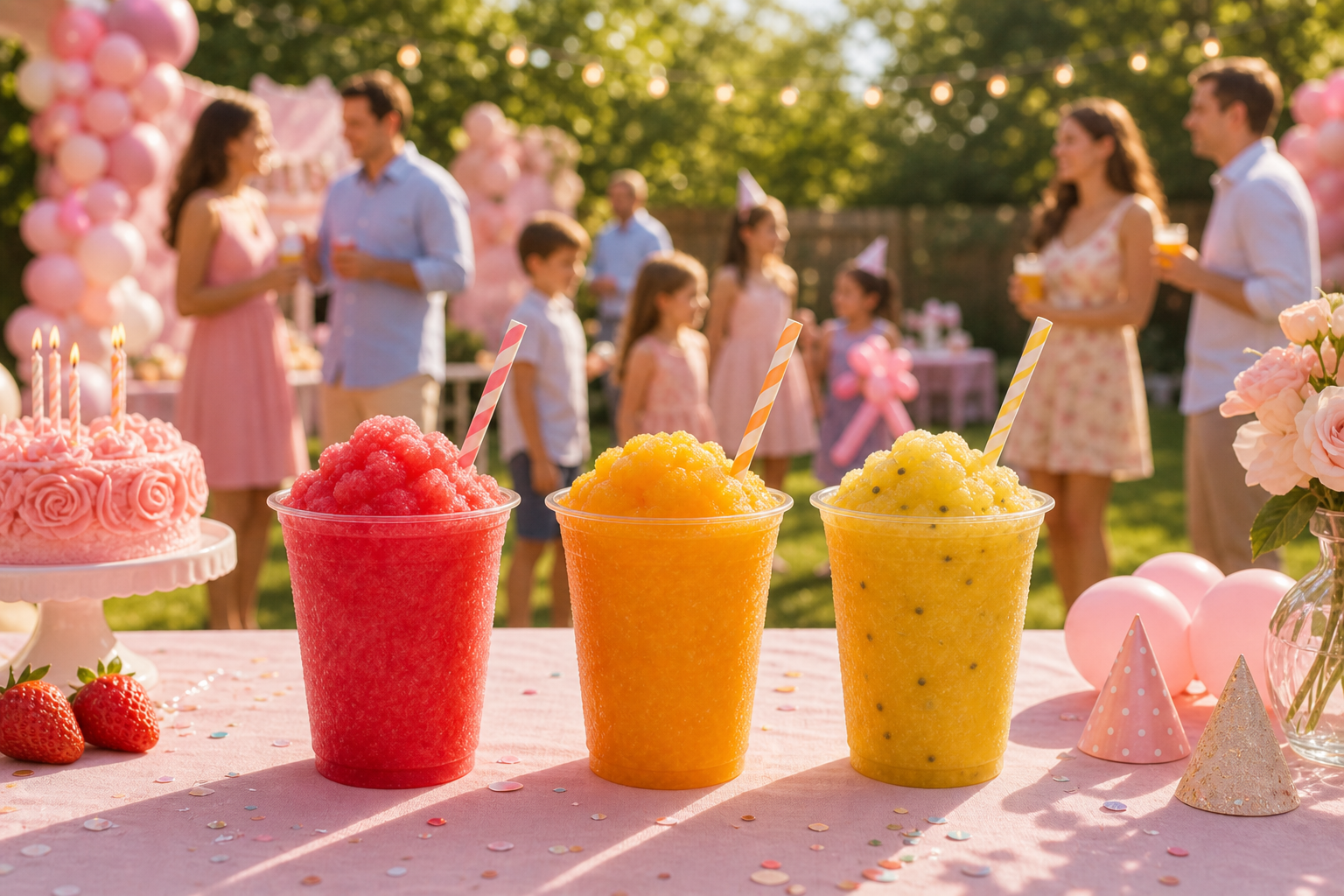 Colorful slushies and birthday treats at a sunny backyard party