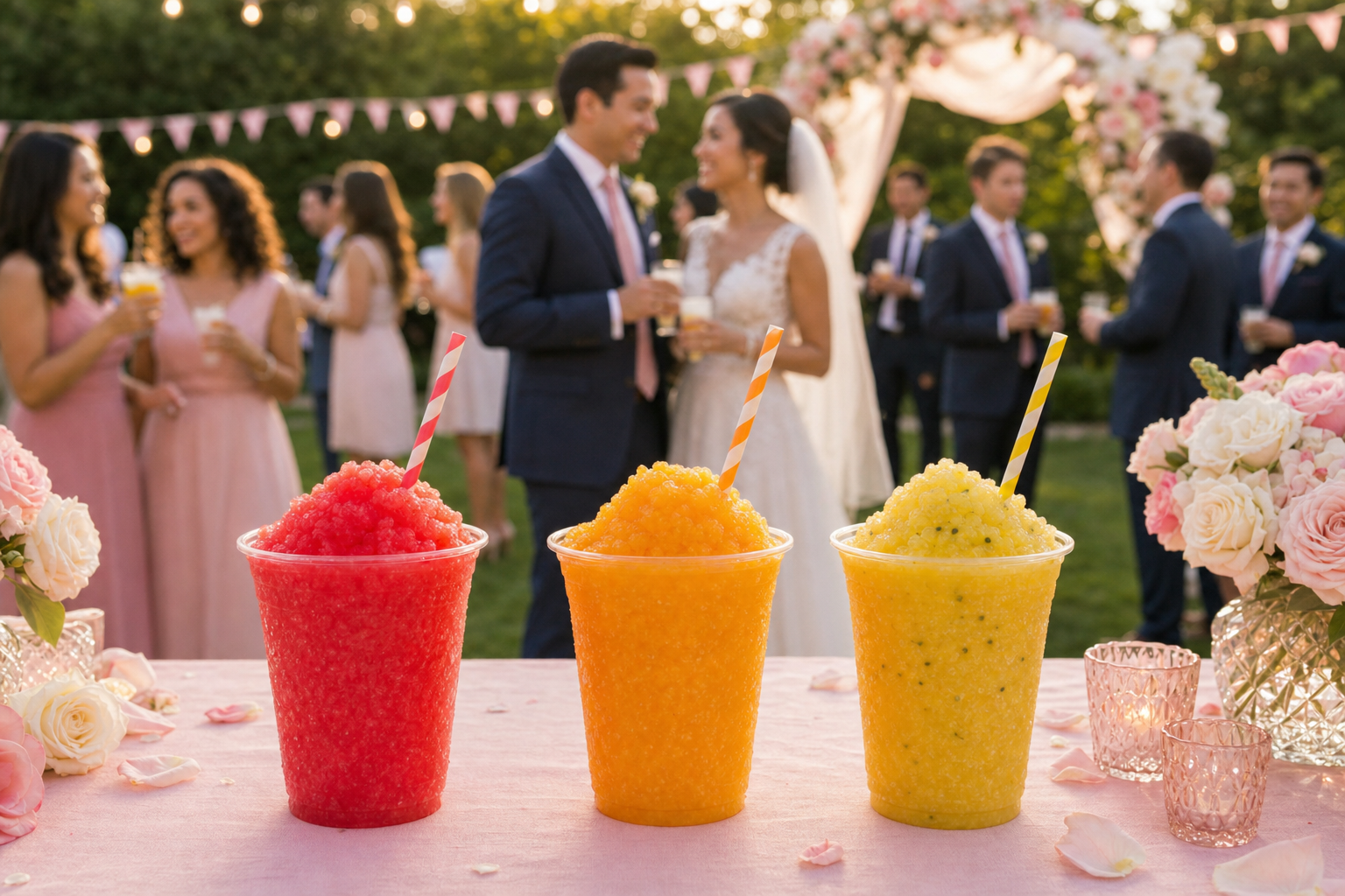 Colorful slushies at an outdoor garden wedding reception