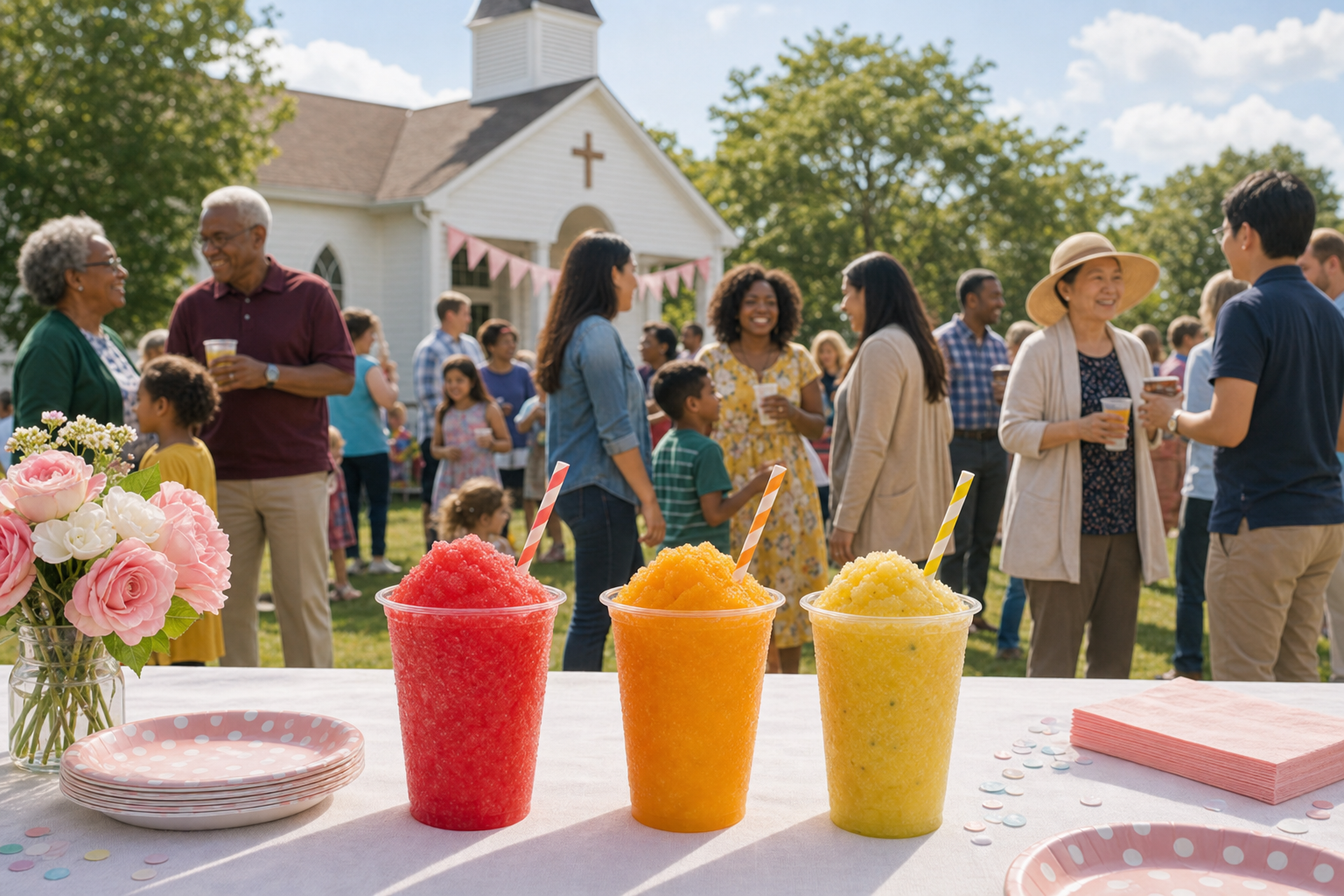 Colorful slushies on a fellowship table with families, seniors, and volunteers gathered outside a white church