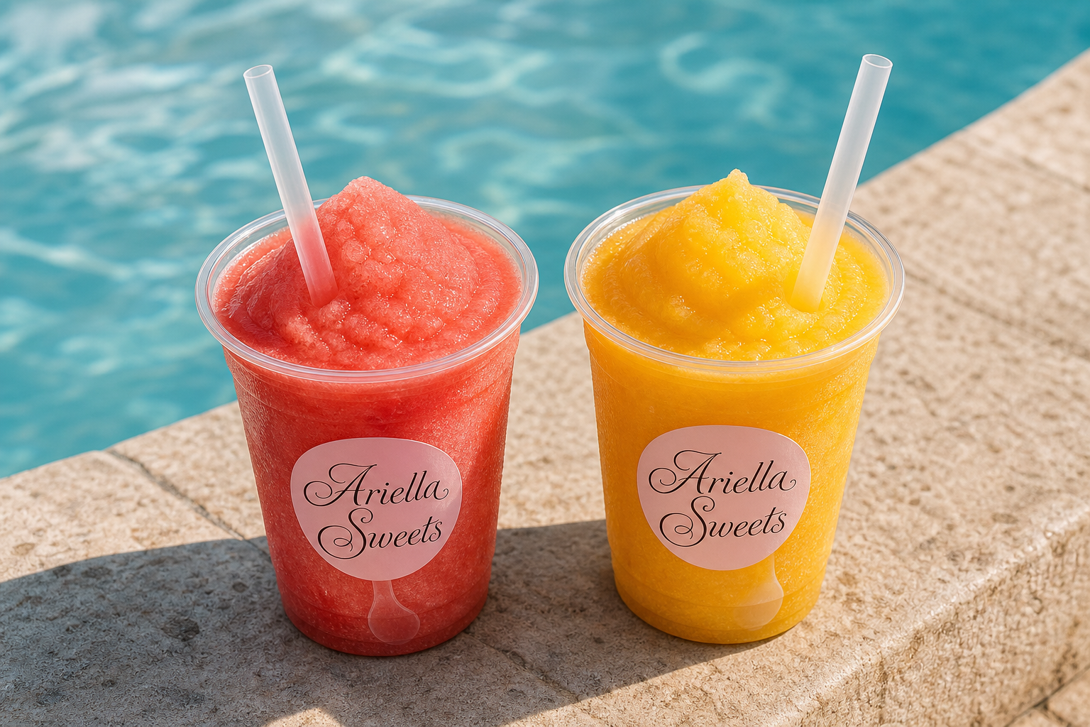 Strawberry and mango slushies in branded cups